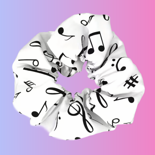 White Music Notes and Musical Motif Hair Scrunchie