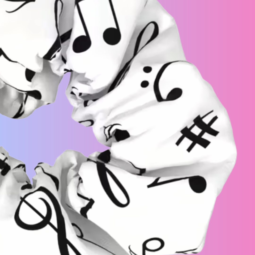 White Music Notes and Musical Motif Hair Scrunchie