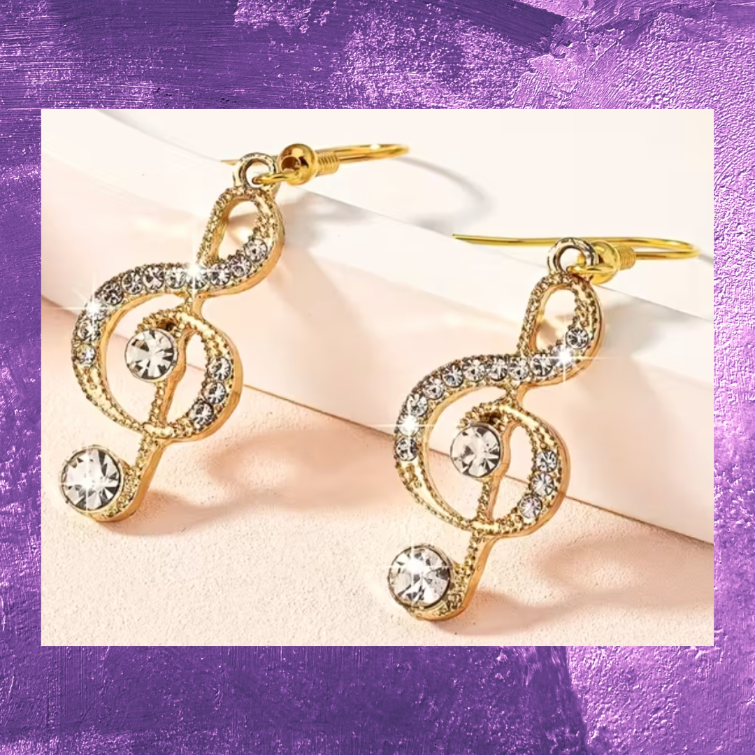 Treble Clef Earrings with Rhinestones (Gold)