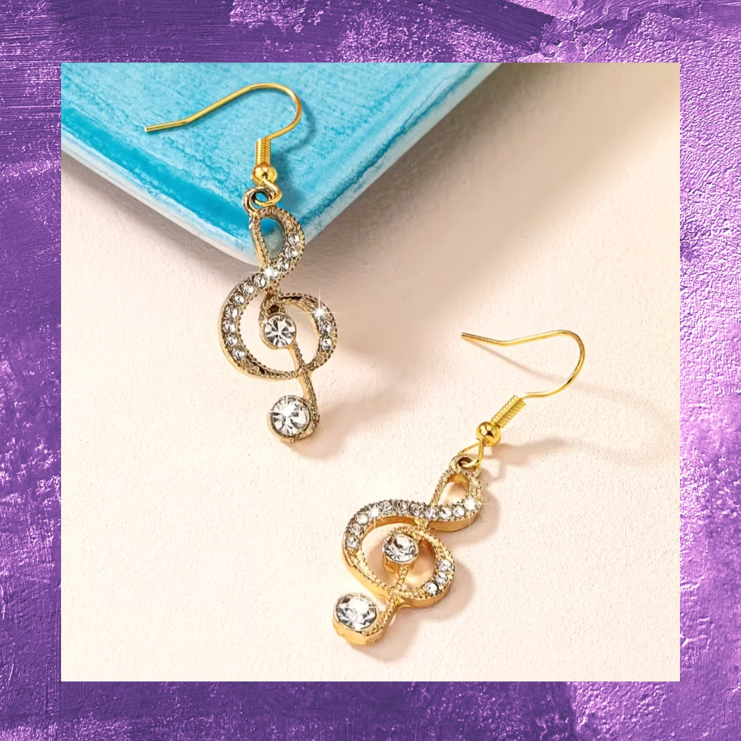 Treble Clef Earrings with Rhinestones (Gold)