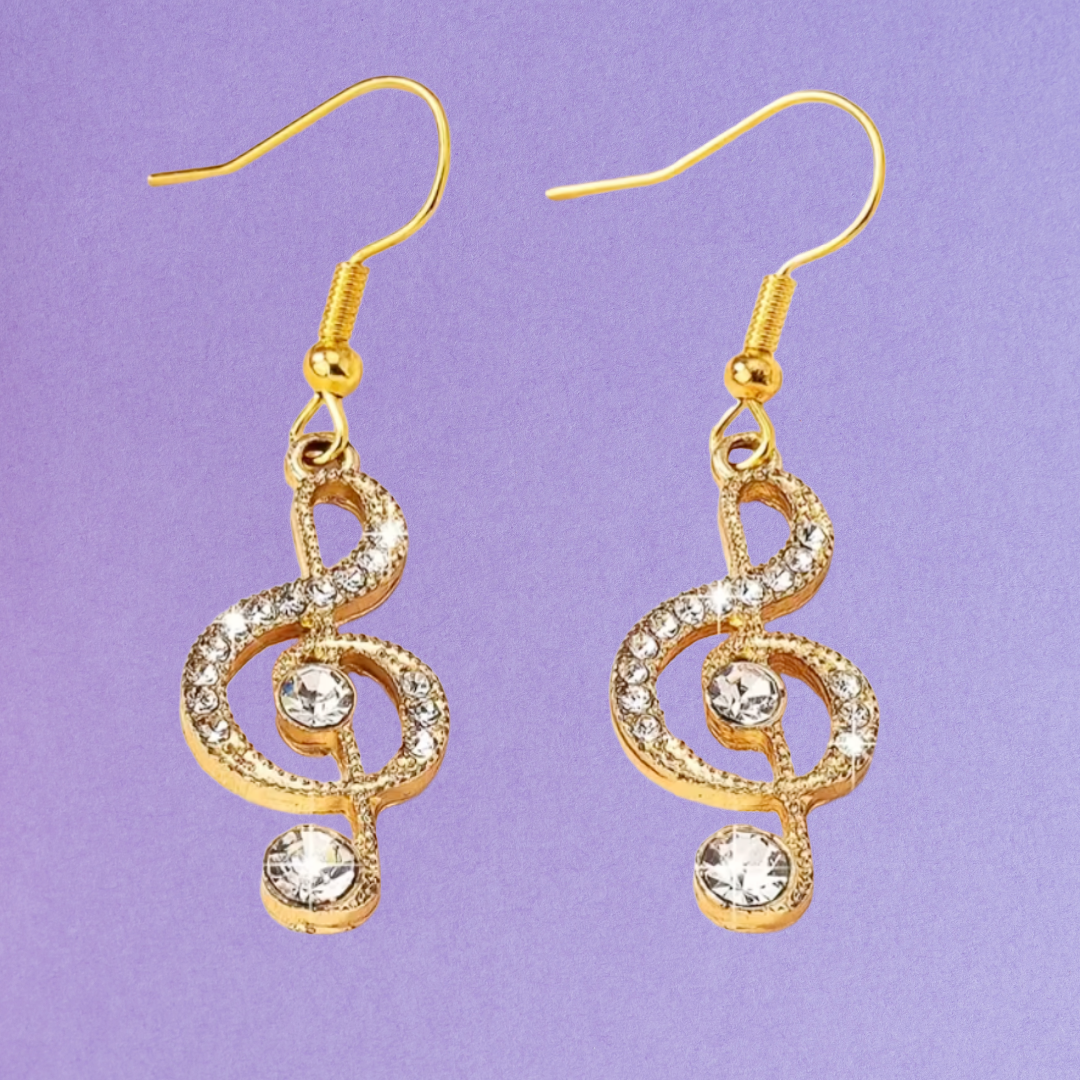 Treble Clef Earrings with Rhinestones (Gold)
