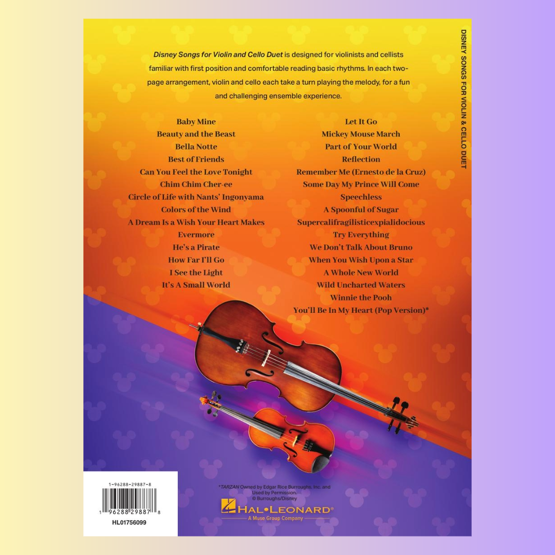 Disney Songs for Violin and Cello Duet Book (30 Songs)