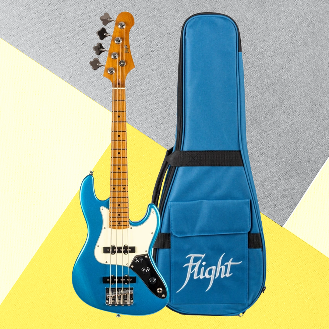 Flight Mini JB Bass Metallic Blue Solid Body Ukulele with Deluxe Gig Bag - New to Aus - Very Limited Stock (4 units Remaining)