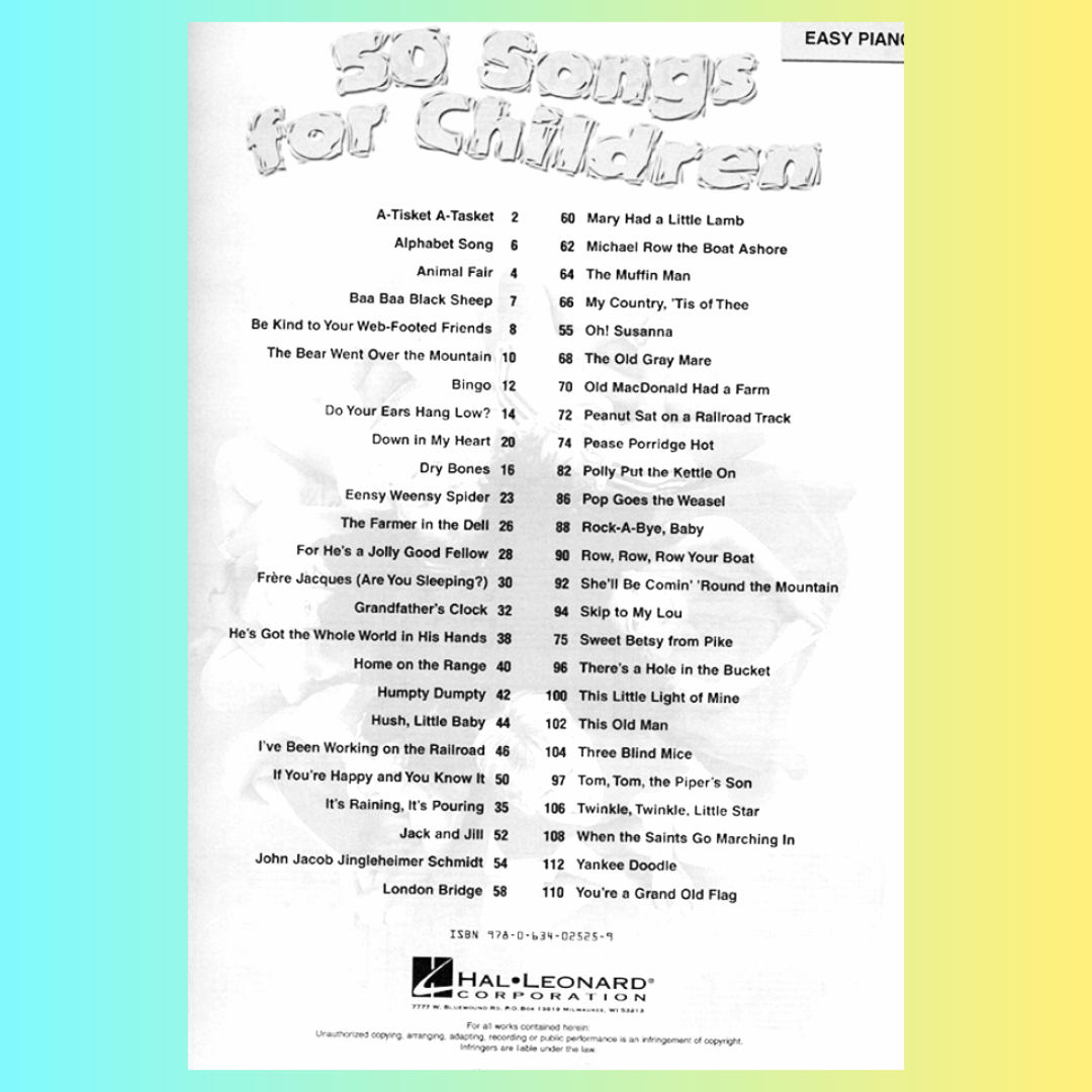 50 Songs For Children Easy Piano Book