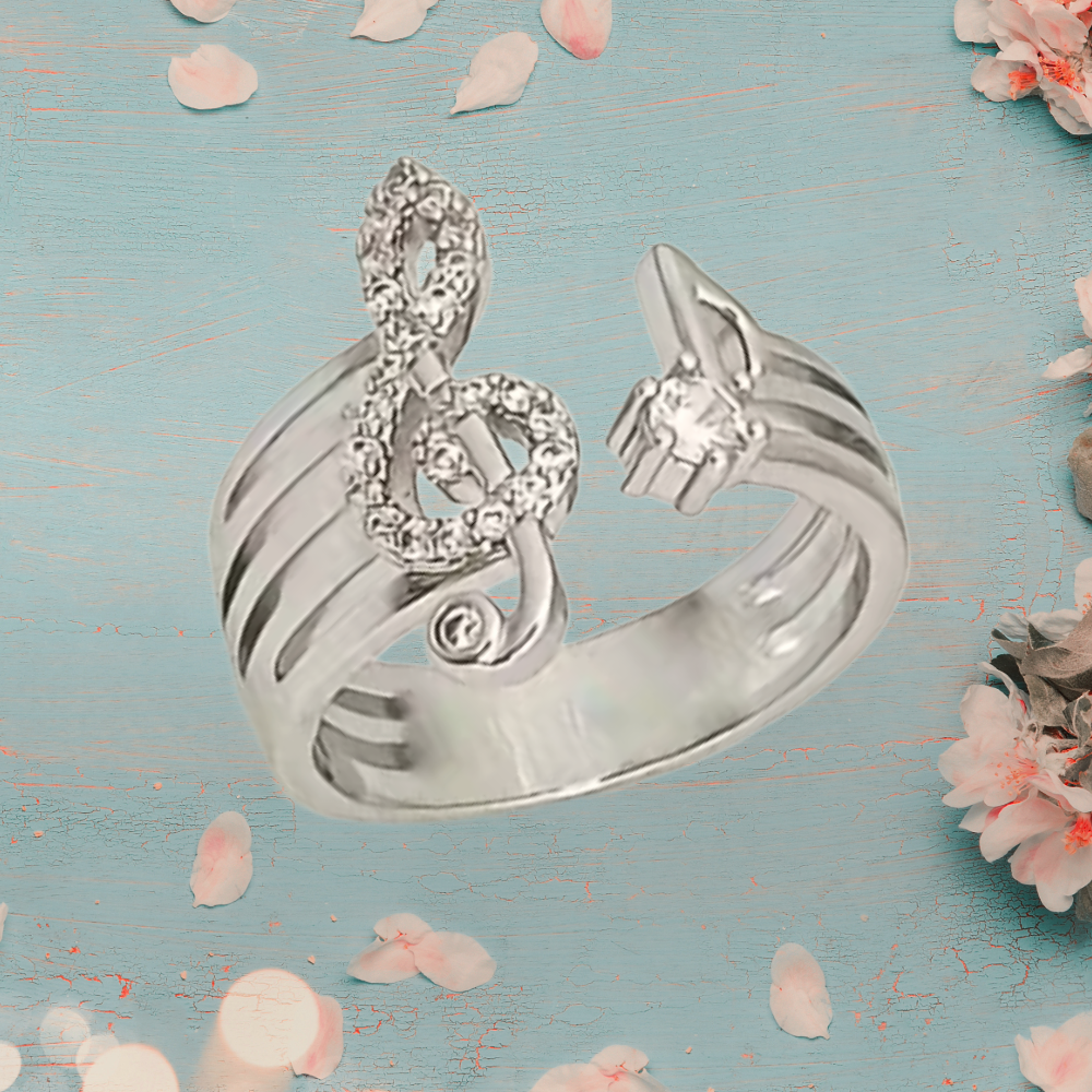 Silver and White Rhinestone Treble Clef Adjustable Ring