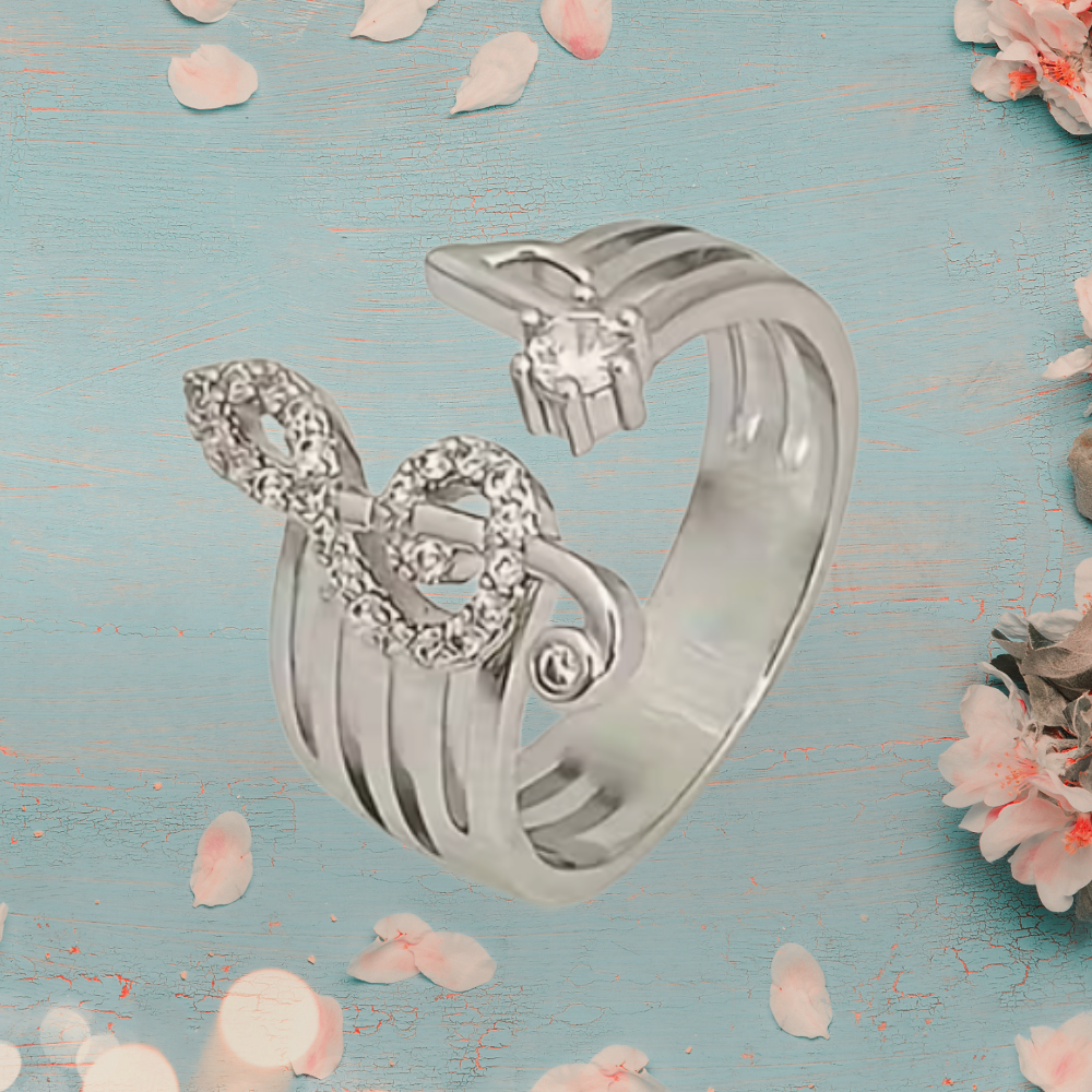 Silver and White Rhinestone Treble Clef Adjustable Ring