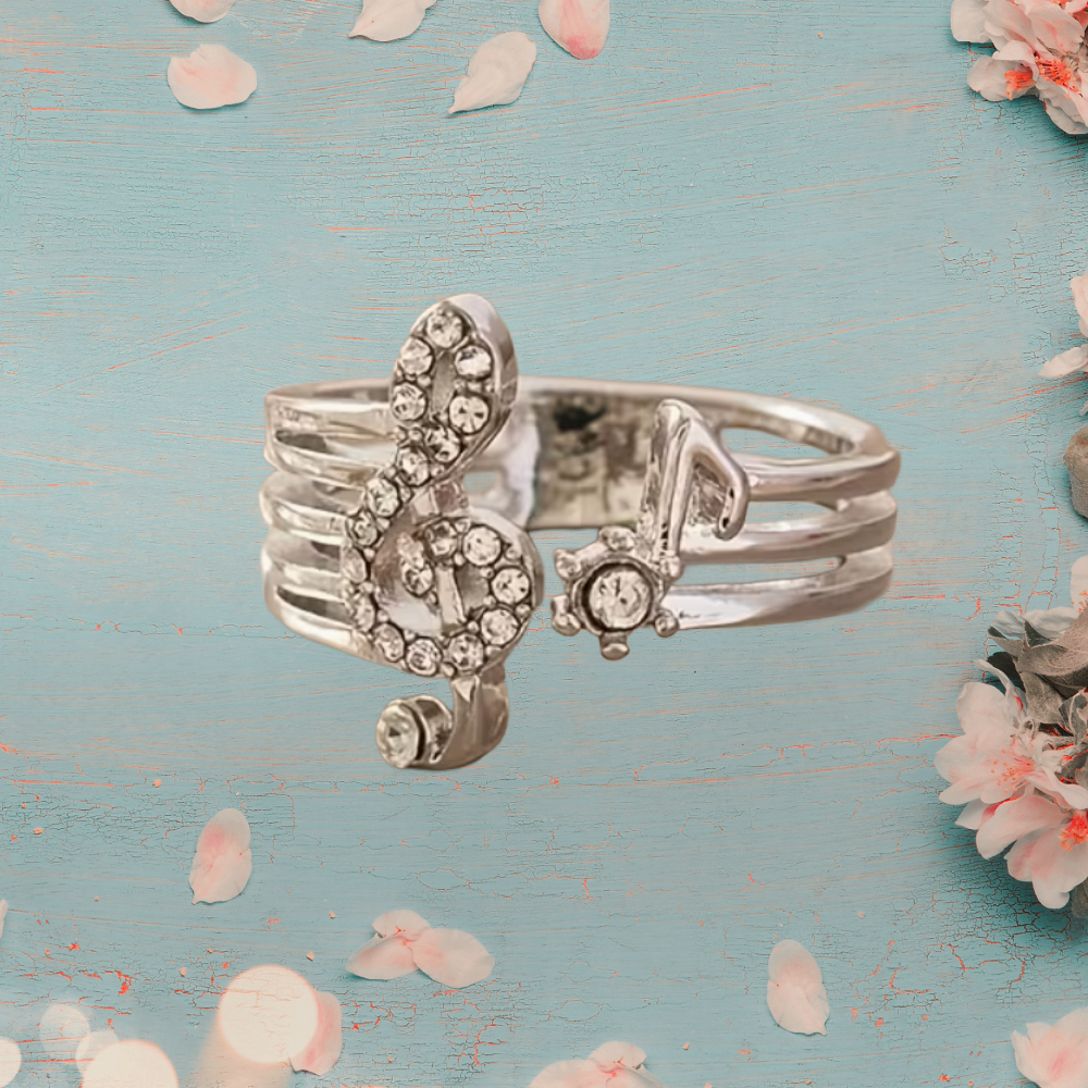 Silver and White Rhinestone Treble Clef Adjustable Ring