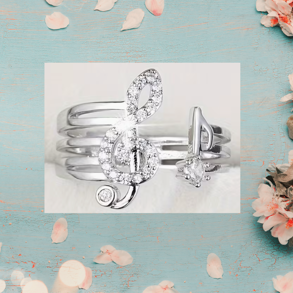 Silver and White Rhinestone Treble Clef Adjustable Ring