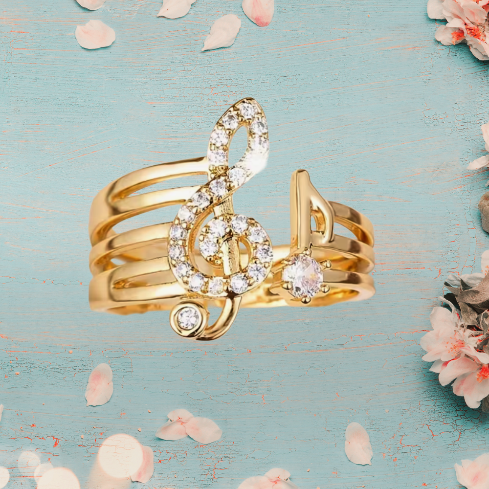 Gold and White Rhinestone Treble Clef Adjustable Ring