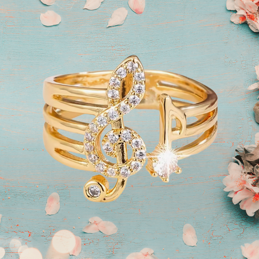 Gold and White Rhinestone Treble Clef Adjustable Ring