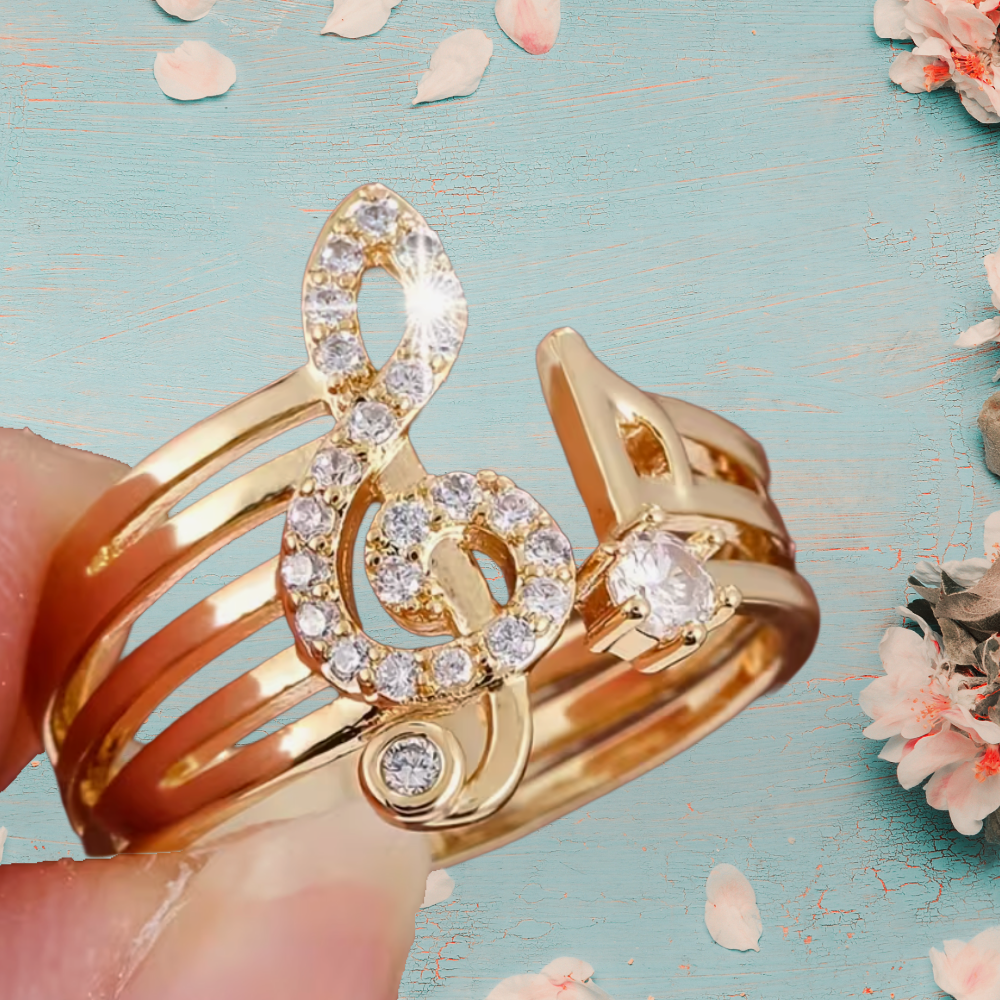 Gold and White Rhinestone Treble Clef Adjustable Ring