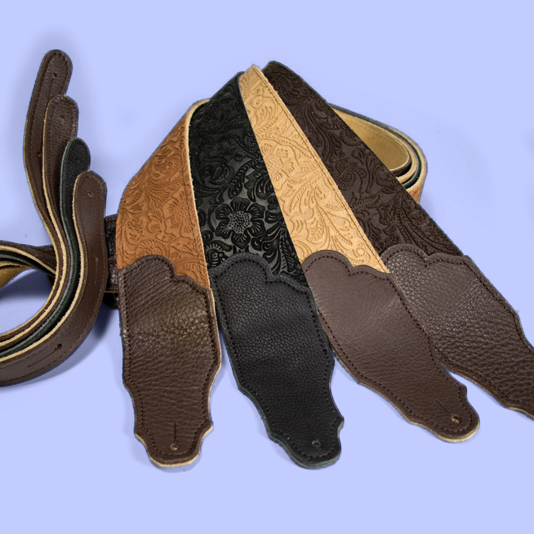 Franklin Embossed 2.5" Chocolate Suede Guitar Strap with Pebbled Chocolate Glove Leather End