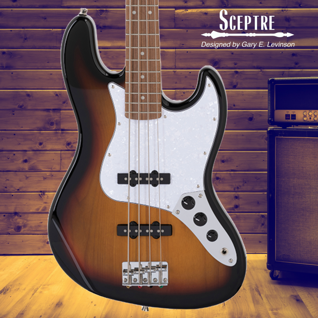 Sceptre DeSoto Standard Double Cutaway 3 Tone Sunburst Bass Guitar