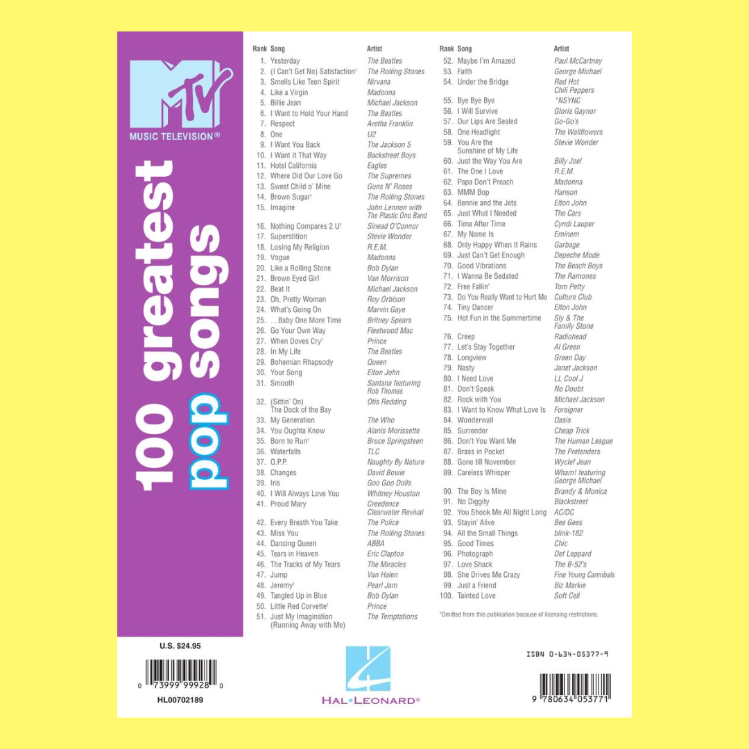 MTV 100 Greatest Pop Songs Easy Guitar with Tab Book