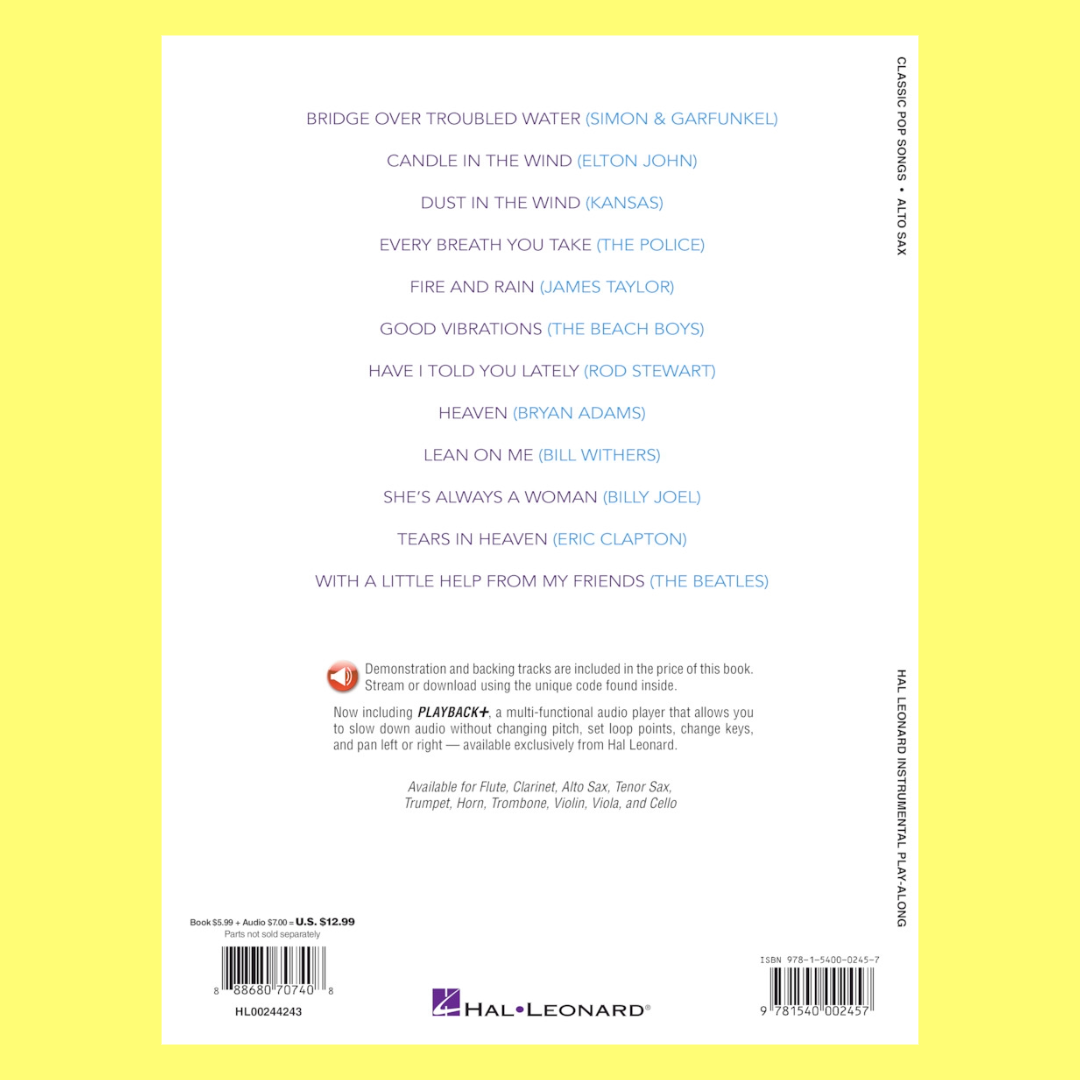 Classic Pop Songs For Alto Saxophone Play Along Book/Ola