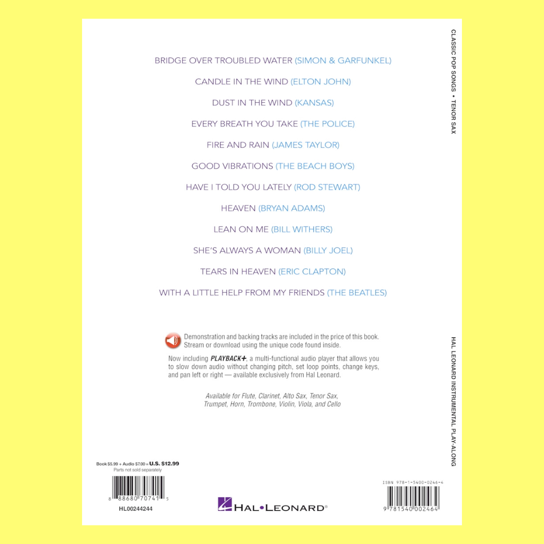 Classic Pop Songs For Tenor Saxophone Play Along Book/Ola
