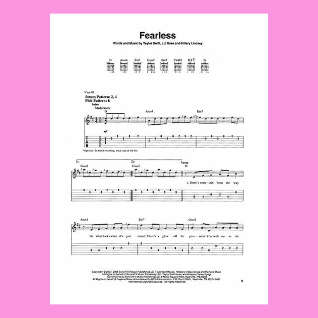 Taylor Swift - Fearless Easy Guitar Notes & Tab Songbook – Music2u.com.au