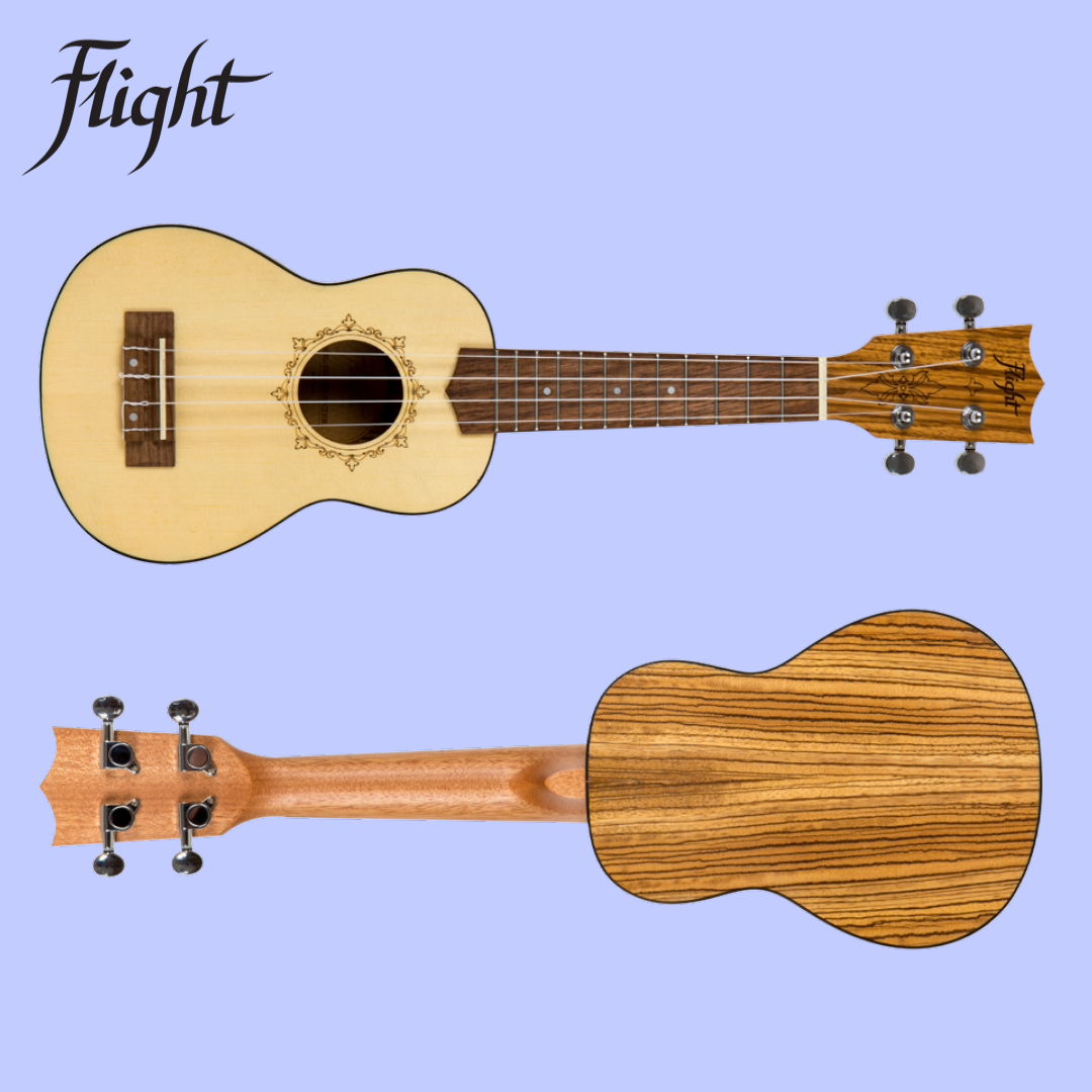 Flight DUS320 Soprano Ukulele Spruce/Zebrawood with Padded Gig Bag