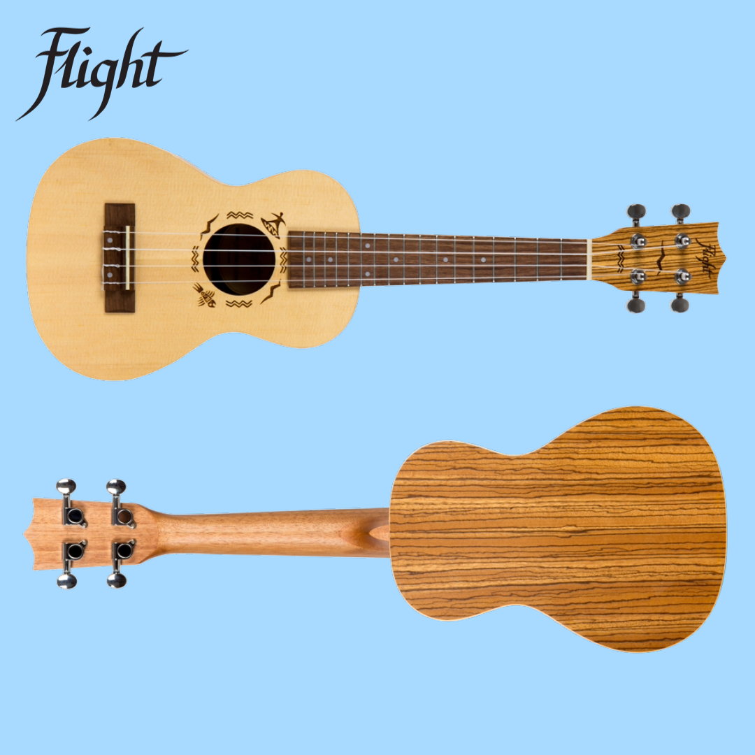 Flight DUC525 Concert Ukulele with Solid Spuce/Zebrawood and Padded Gig Bag