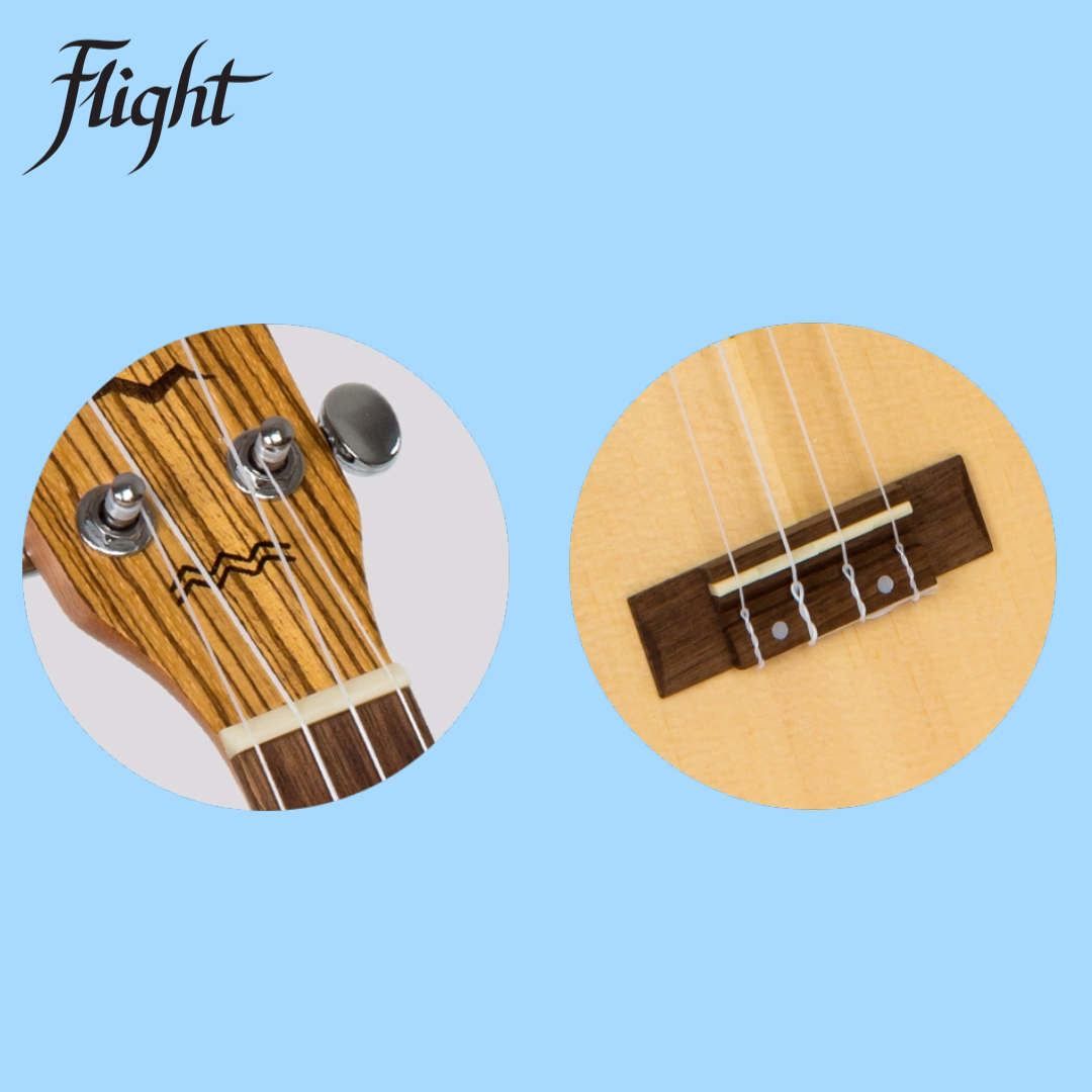 Flight DUC525 Concert Ukulele with Solid Spuce/Zebrawood and Padded Gig Bag