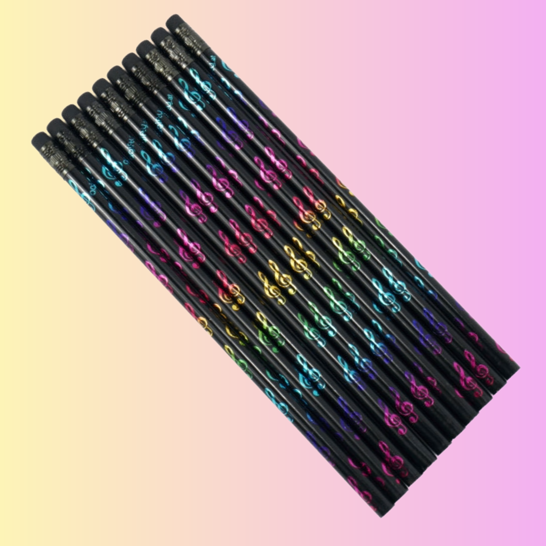 Music Pencil Black with Colourful Rainbow Treble Clefs