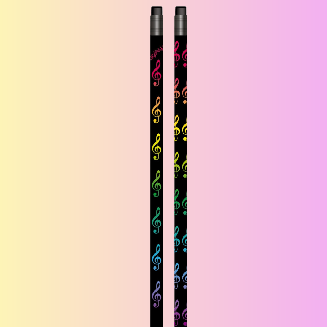 Music Pencil Black with Colourful Rainbow Treble Clefs
