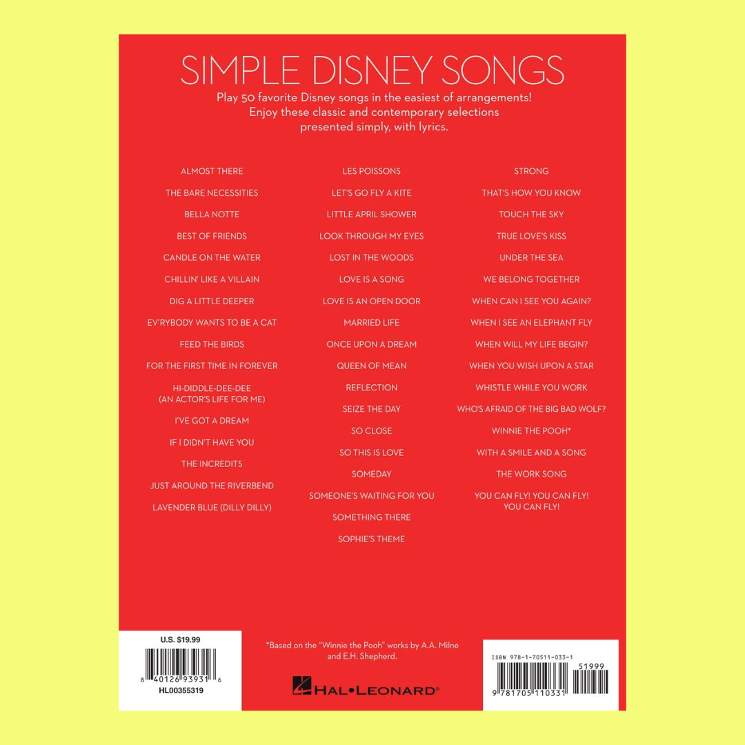 Simple Disney Songs - The Easiest Easy Piano Songs Book (50 Songs)