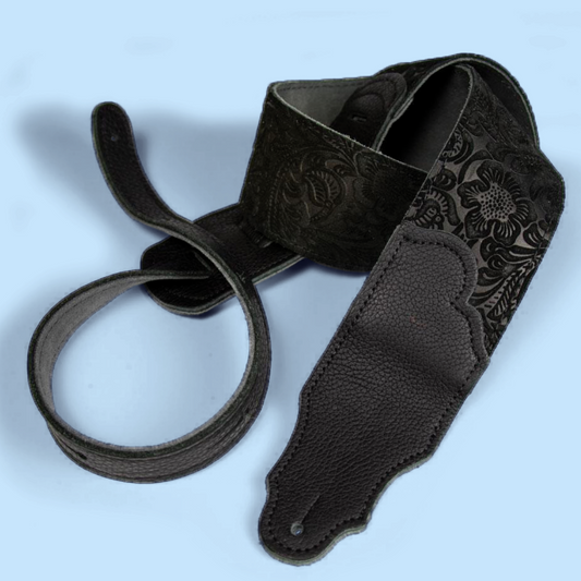Franklin Embossed 2.5" Black Suede with Pebbled Black Glove Leather End Guitar Strap