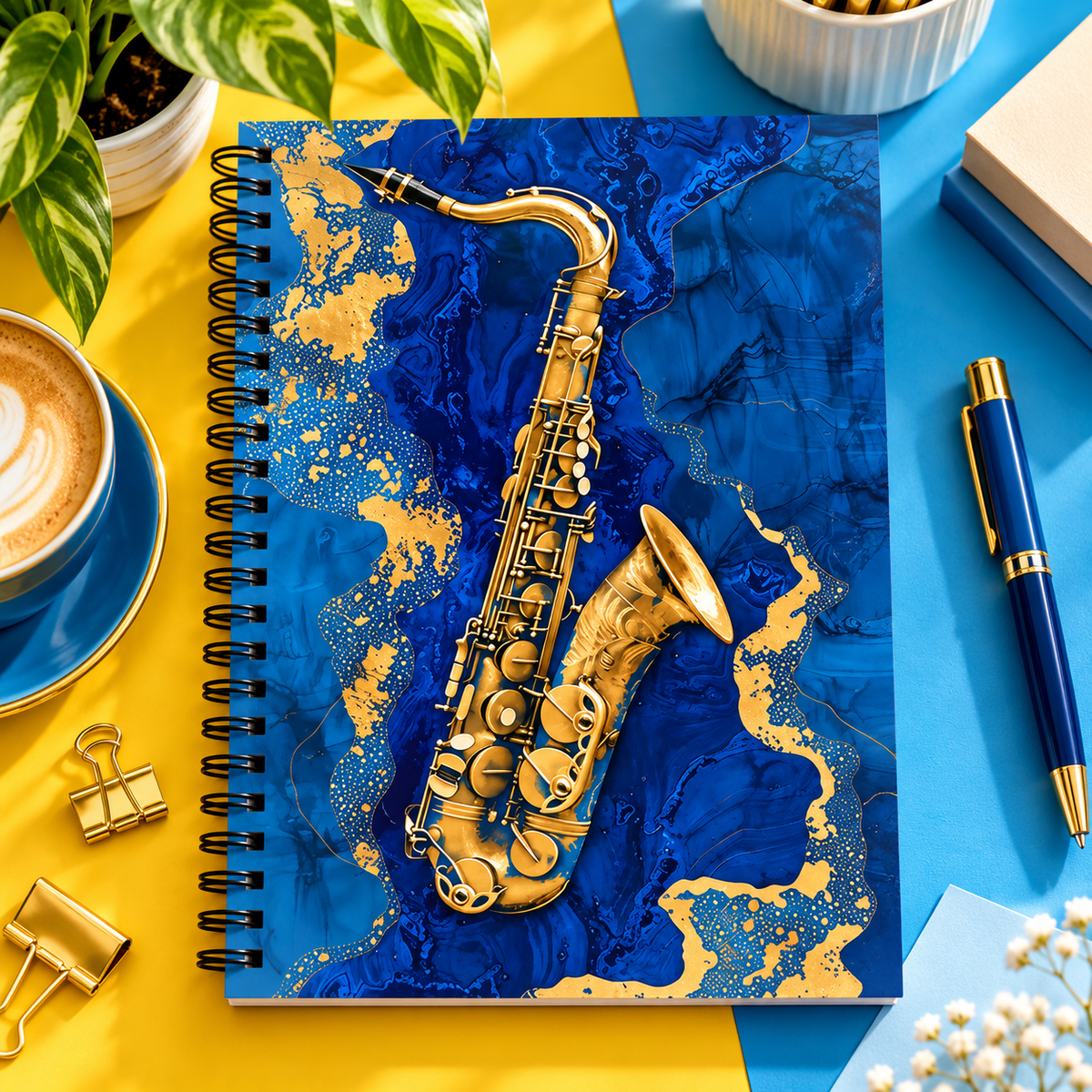 A5 Blue & Gold Marble Saxophone Spiral Notebook (100 Pages)