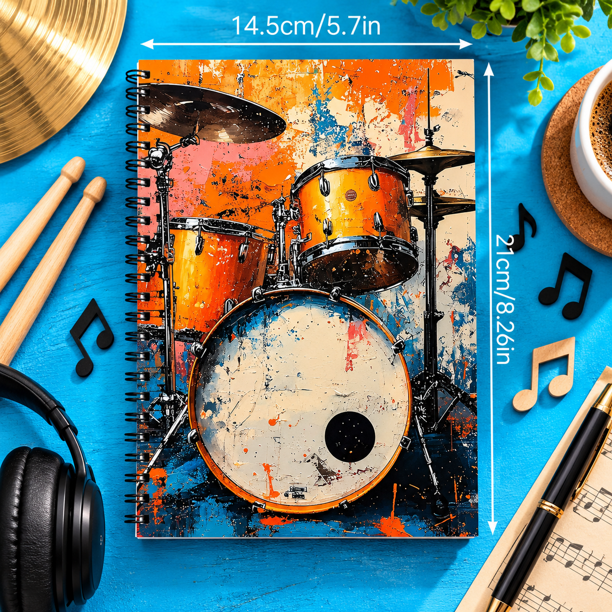 A5 Vintage Drum Kit Art Spiral Notebook (100 Pages)