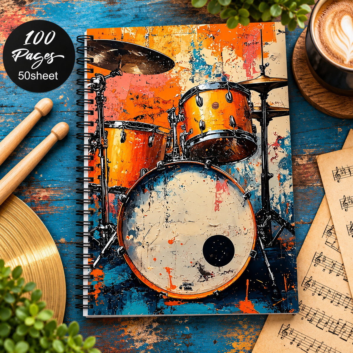 A5 Vintage Drum Kit Art Spiral Notebook (100 Pages)