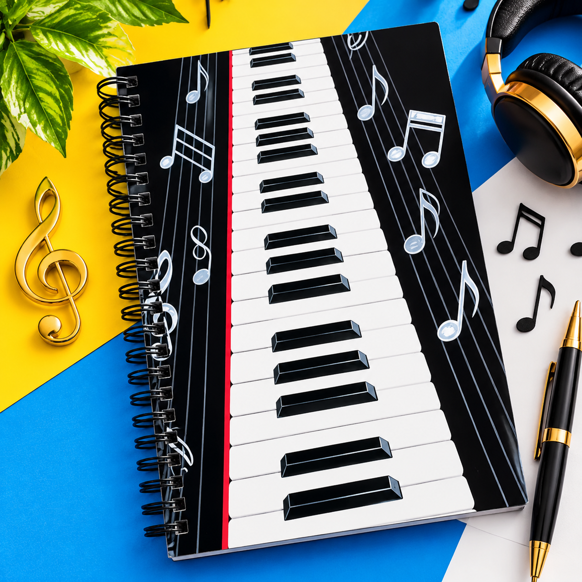 A5 Piano Keyboard and Music Notes Spiral Notebook (100 Pages)