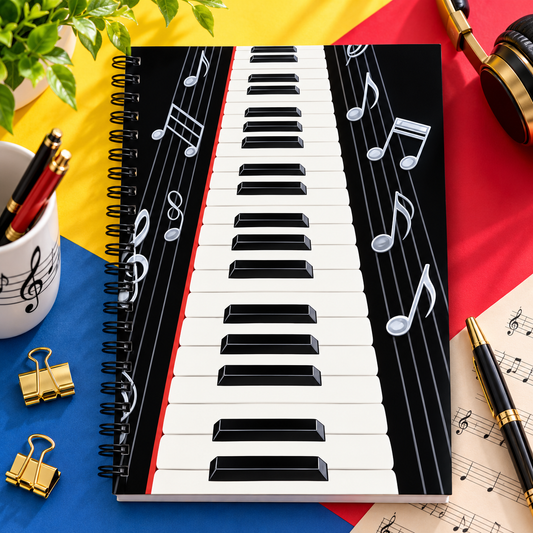 A5 Piano Keyboard and Music Notes Spiral Notebook (100 Pages)