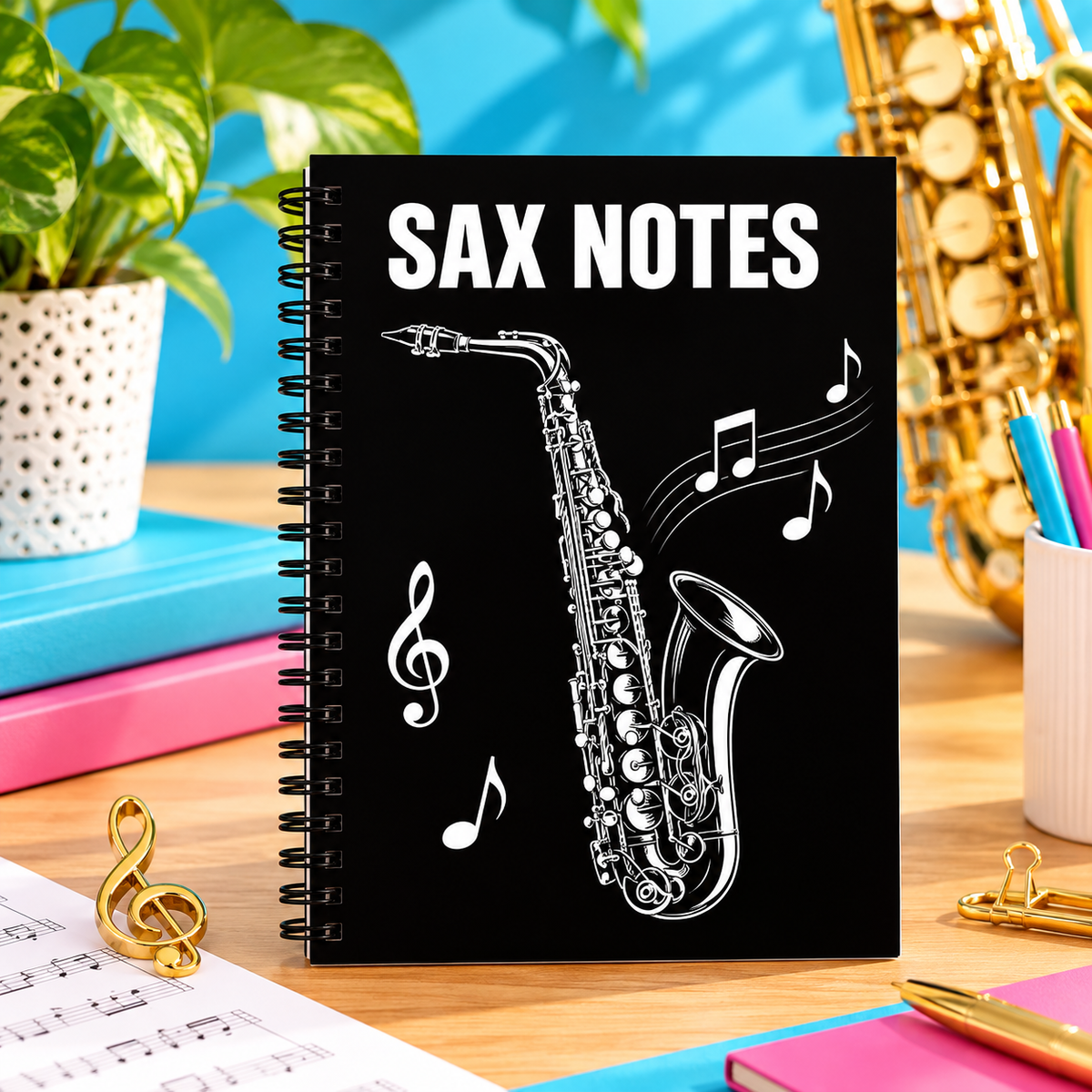 A5 Black and White Sax Notes Spiral Notebook (60 Pages)