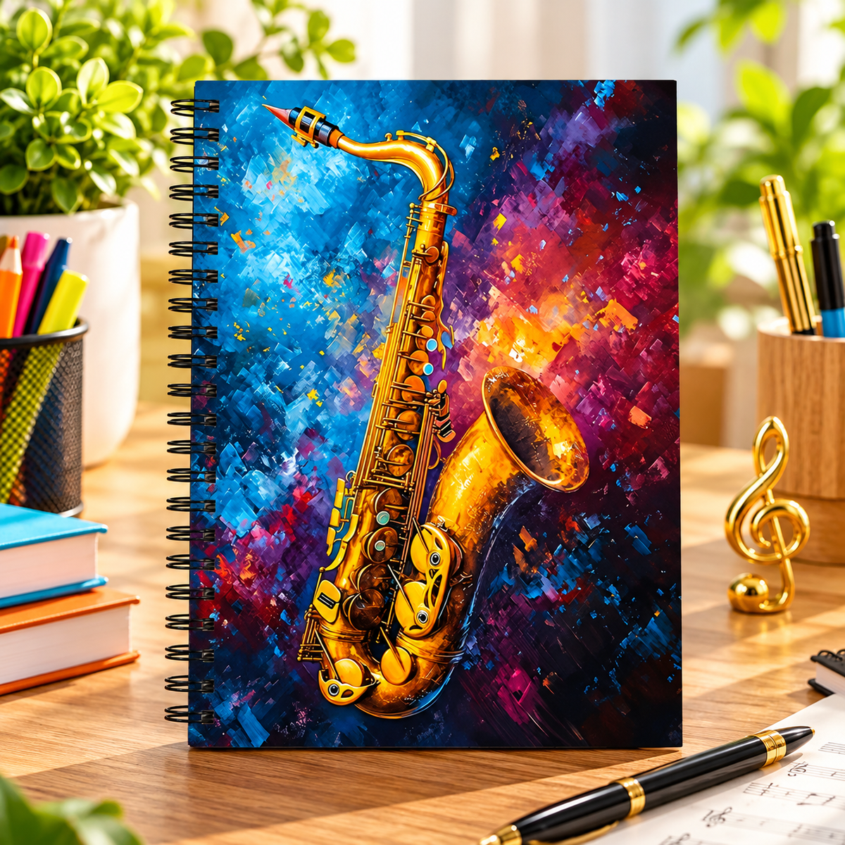 A5 Artistic Oil Painting Saxophone Spiral Notebook (100 Pages)