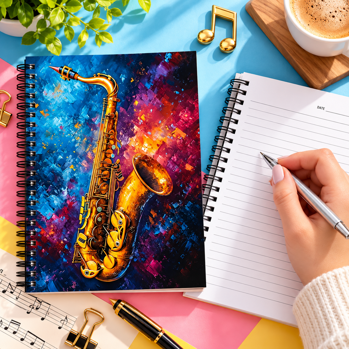 A5 Artistic Oil Painting Saxophone Spiral Notebook (100 Pages)