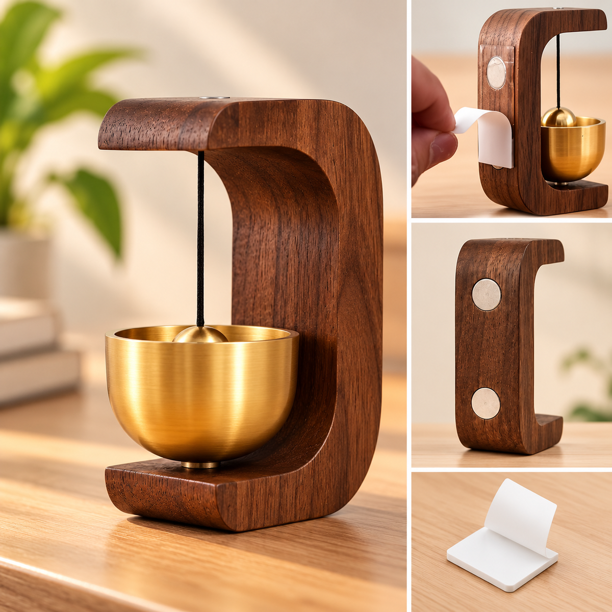 Sundry & Sound Co - Small Vintage Wooden Doorbell with Brass-Tone Chime & Wall Mount