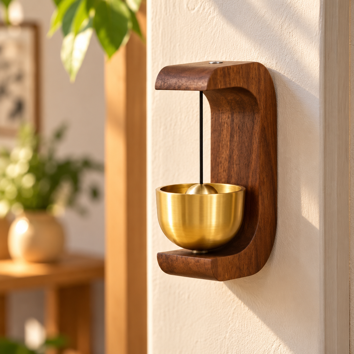 Sundry & Sound Co - Small Vintage Wooden Doorbell with Brass-Tone Chime & Wall Mount