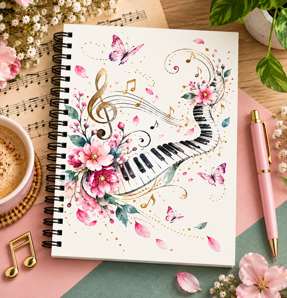 A5 Spring Floral Piano Spiral Notebook (60 pages)