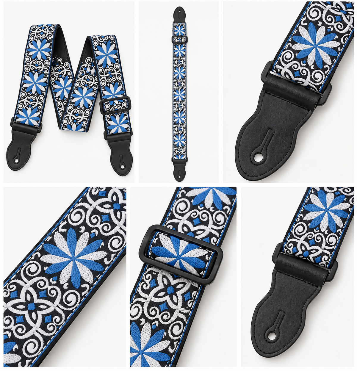 Tapestry Style Retro Guitar/Bass/Ukulele Strap - Embroidered Blue Flower