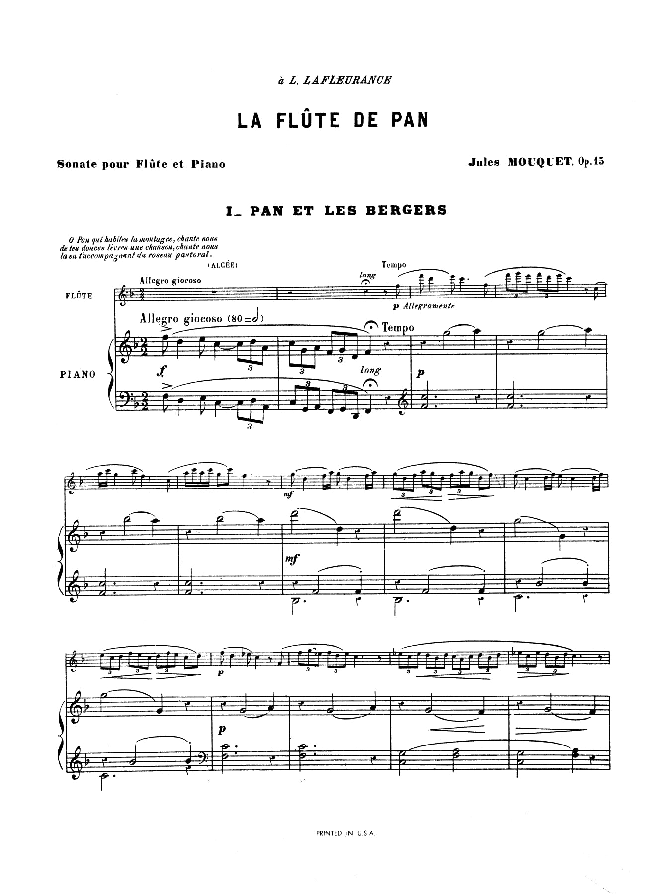 Sheet music for 'La Flète de Pan' by Jules Mouquet Op. 15 with flute and piano parts.