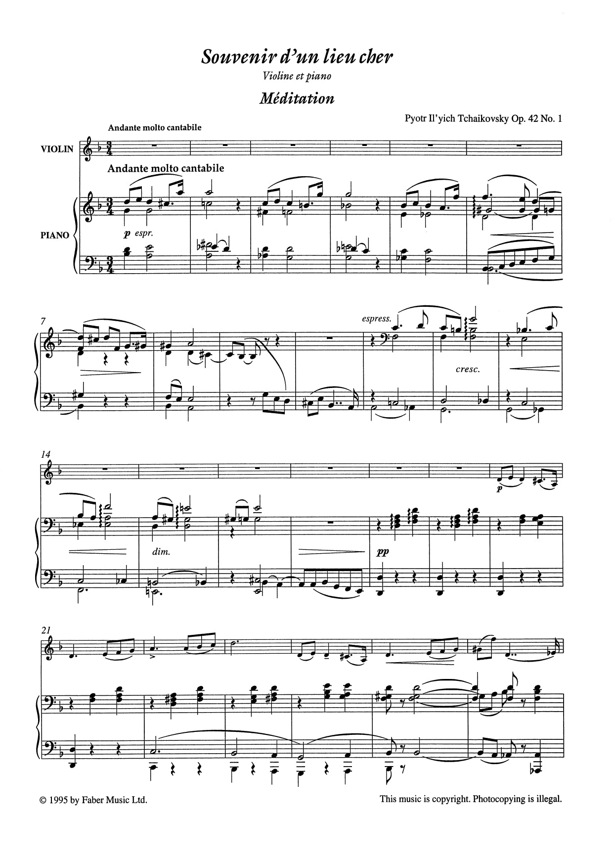 Tchaikovsky - Souvenir Dun Lieu Cher Violin with Piano Accompaniment Book