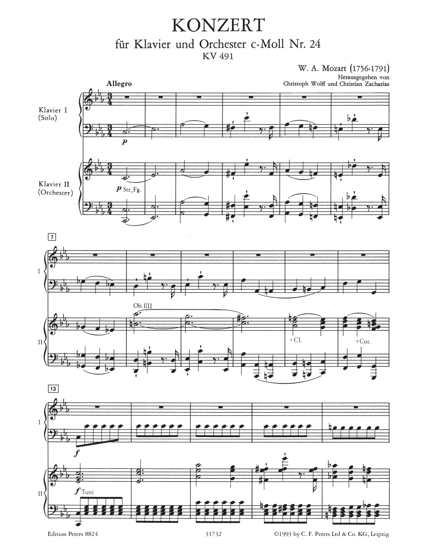 Mozart Piano Concerto No. 24 in C Minor, K. 491 Urtext Book (2 Piano, 4 Hands)