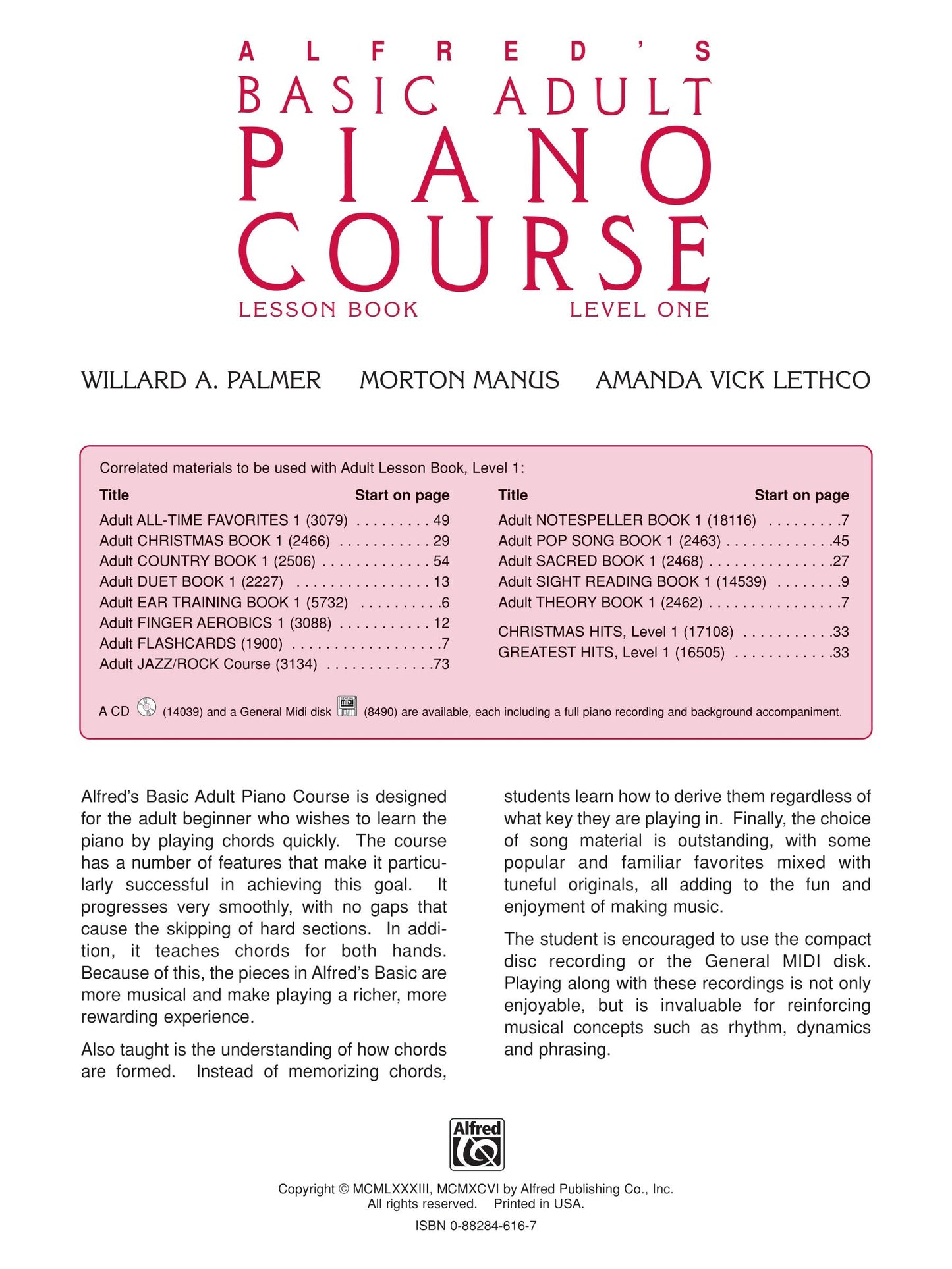 Alfred's Basic Adult Piano Course - Lesson Book 1 (Book and Cd)