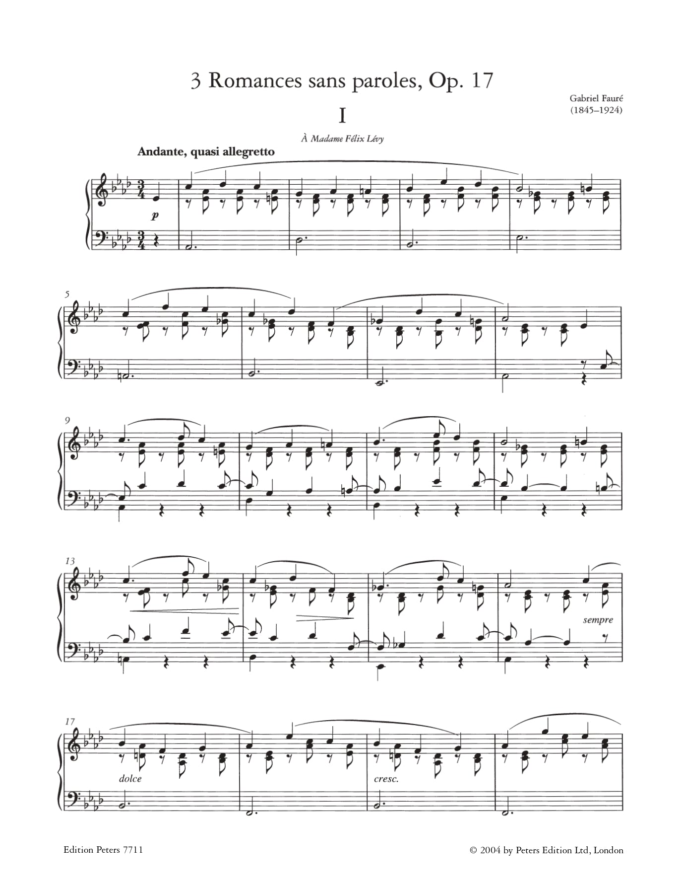 Gabriel Faure - 3 Romances Sans Paroles Op 17 For Piano Book
