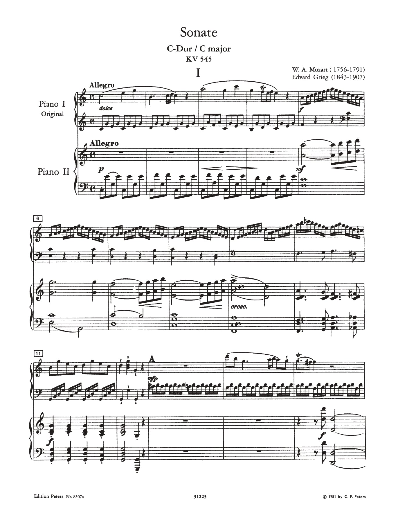 Mozart - Sonata K 545 C - 2 Piano 4 Hands Book (2nd Piano By Grieg)