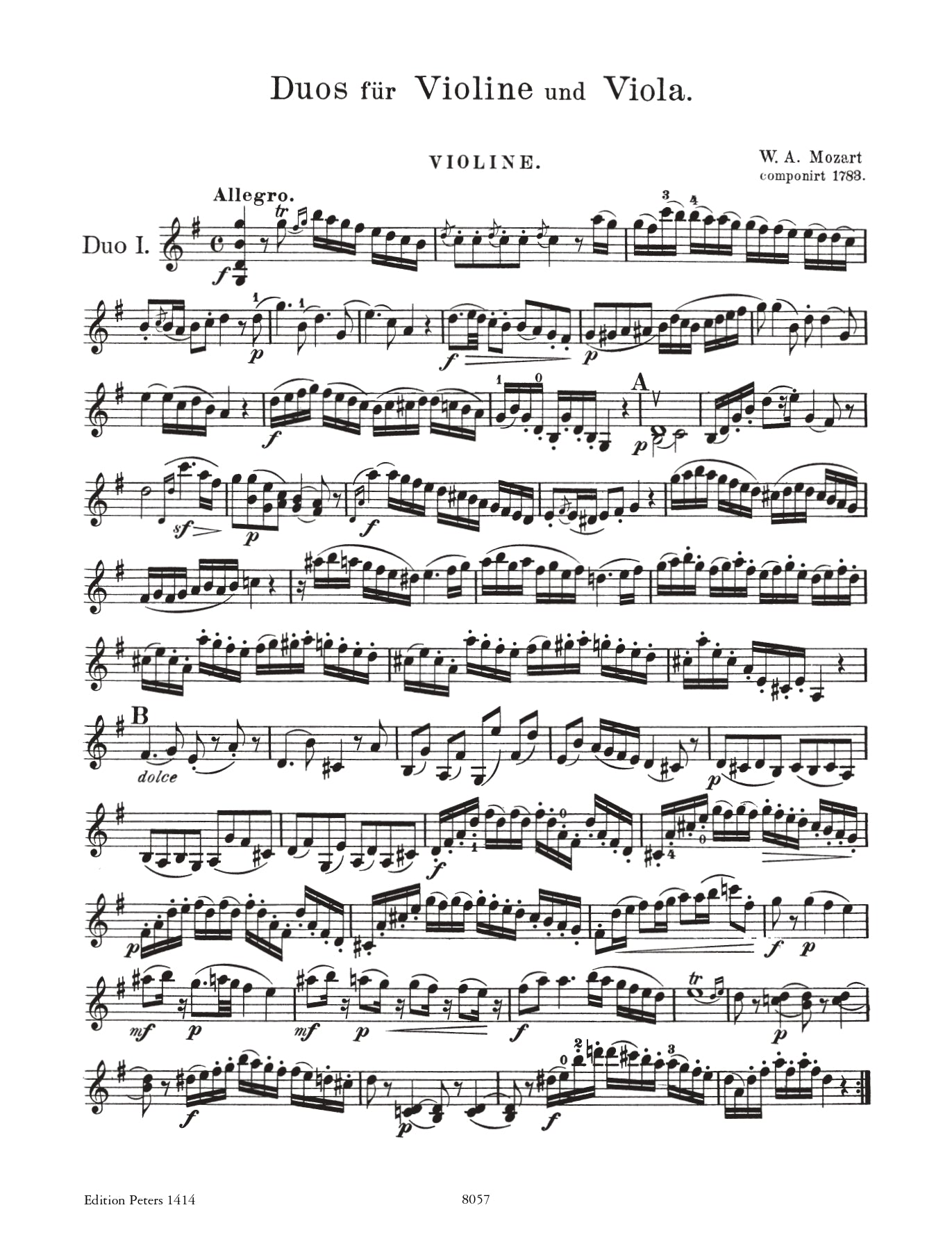 Mozart - 2 Duets 423 G K 424 B Flat Violin/Viola Book
