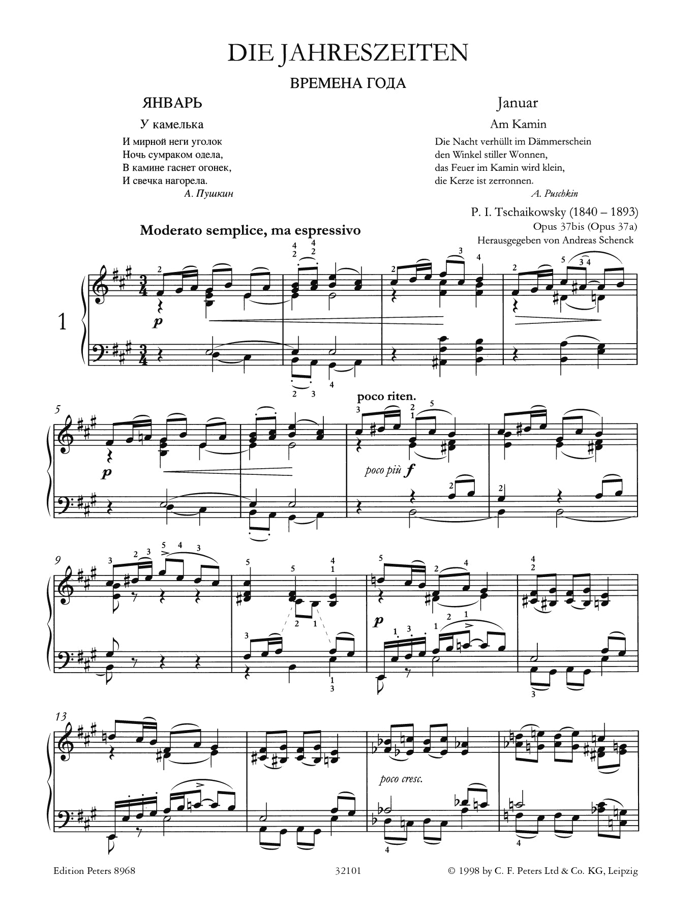 Tchaikovsky - Seasons Op 37A Piano Book (Urtext Edition)