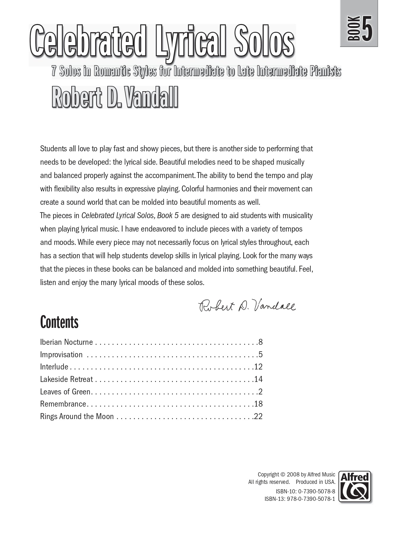 Vandall - Celebrated Lyrical Piano Solos - Book 5