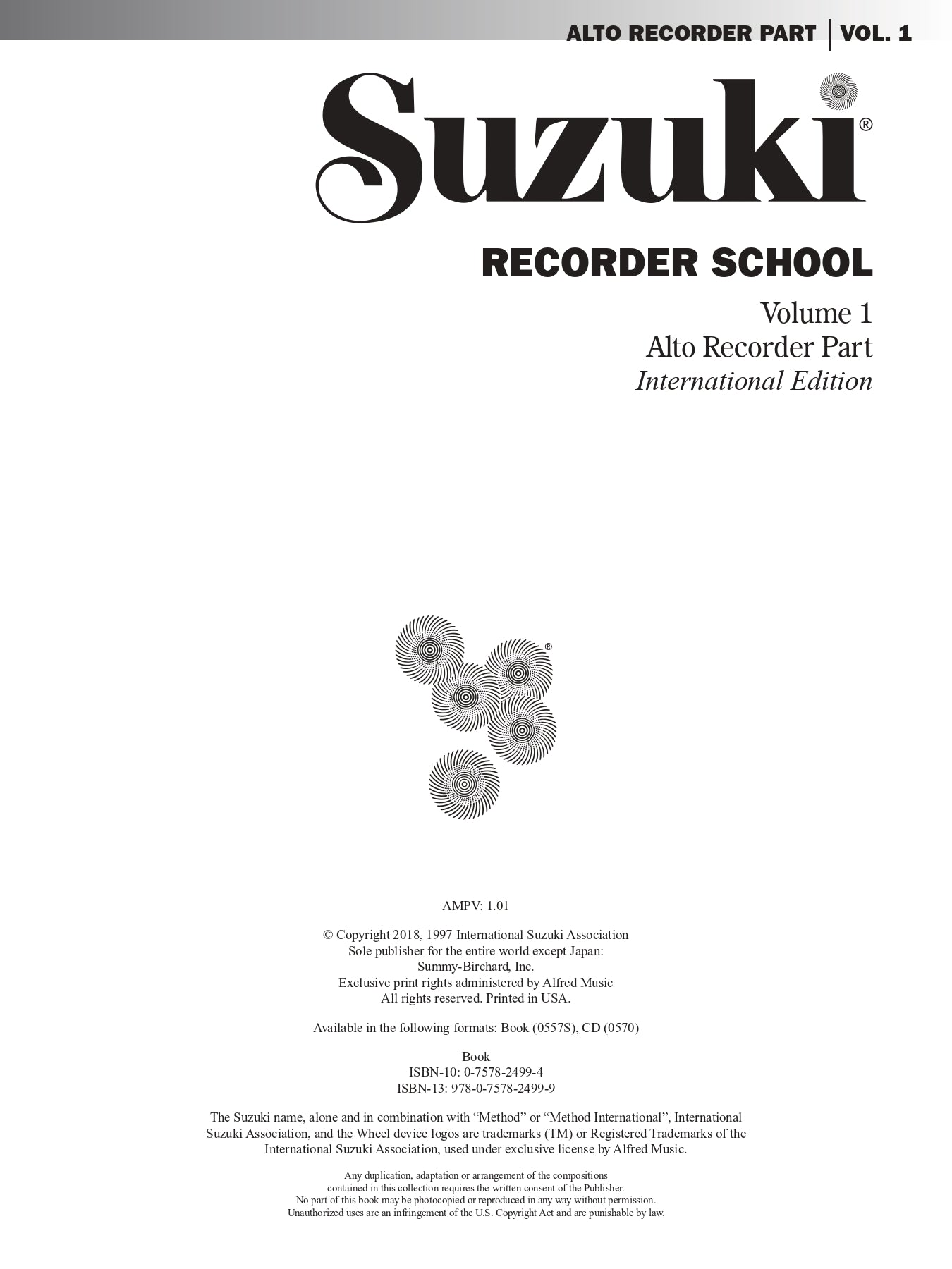Suzuki Recorder School Volume 1 Alto Recorder Part Book